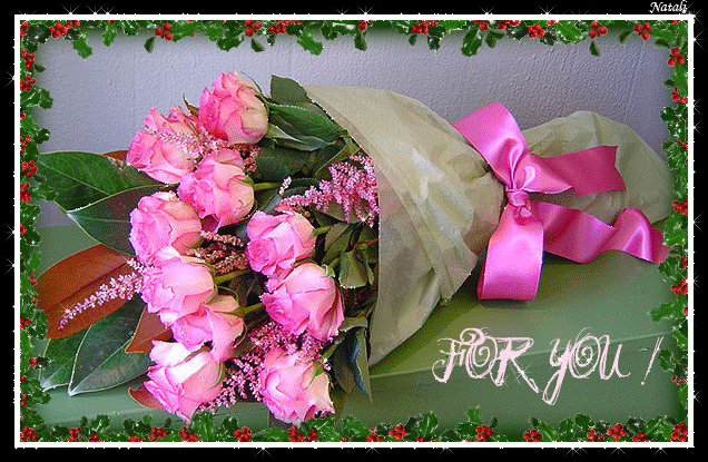 Букет, розовые розы.~Анимационные блестящие открытки GIF