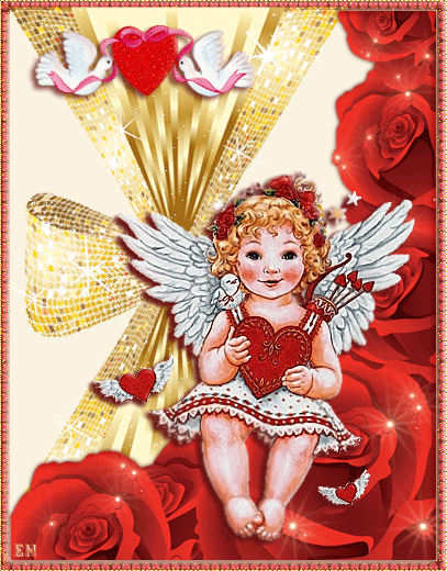 Валентинка с ангелочком и сердечком~Анимационные блестящие открытки GIF