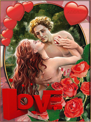 Валентинка с влюбленными~Анимационные блестящие открытки GIF