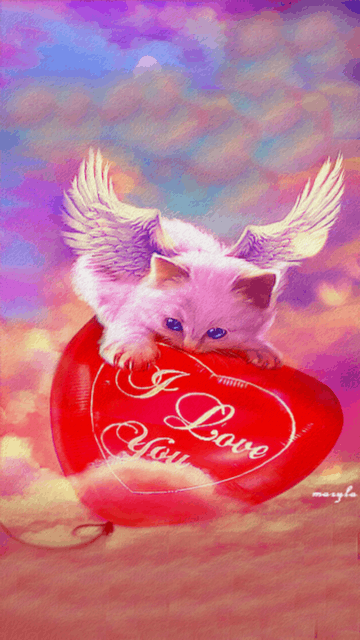 Котенок ангел с сердечком~Анимационные блестящие открытки GIF