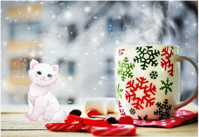 Зимнее доброе утро с киской~Анимационные блестящие открытки GIF