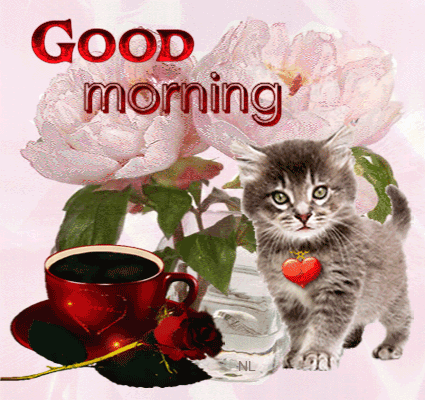 Доброе утро от котеночка~Анимационные блестящие открытки GIF