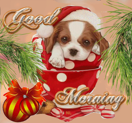 Новогодняя собачка в красной чашке~Анимационные блестящие открытки GIF