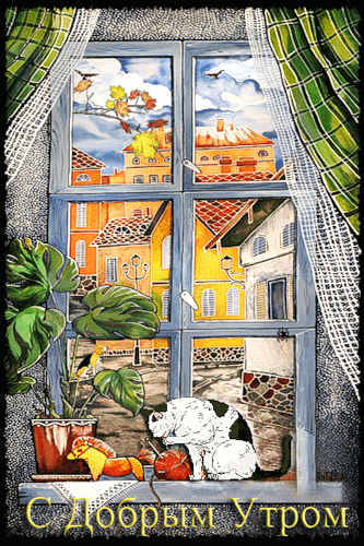 С Добрым Утром кот на окне~Анимационные блестящие открытки GIF
