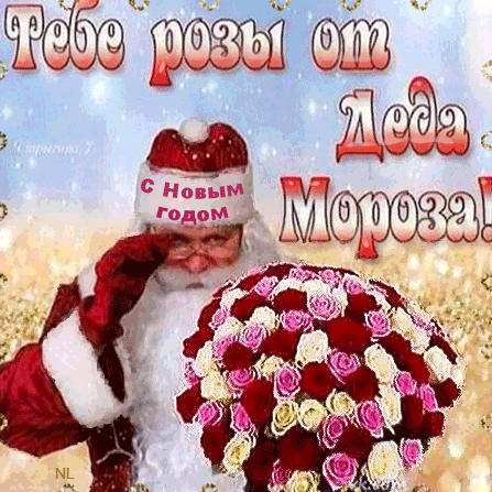 Тебе розы от Деда Мороза~Анимационные блестящие открытки GIF