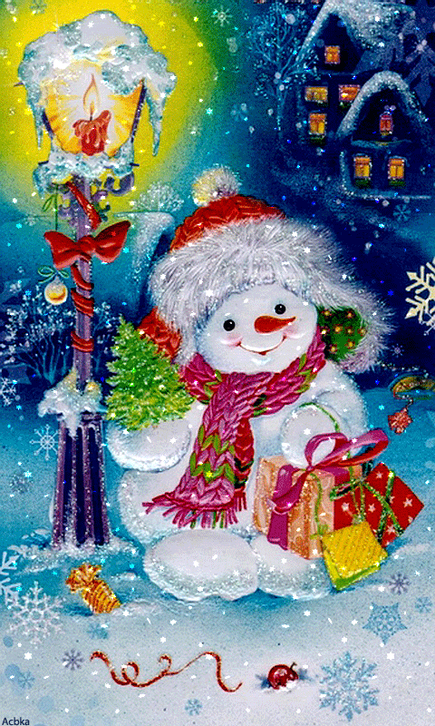 Новогодние открытки Снеговик~Анимационные блестящие открытки GIF