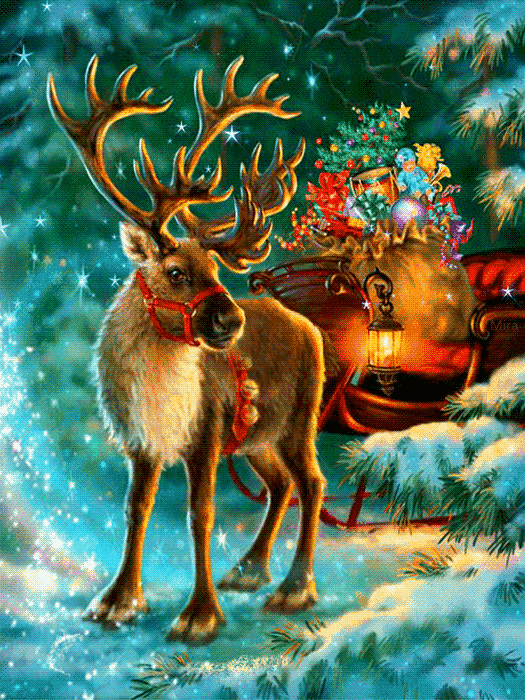 Северный олень с подарками~Анимационные блестящие открытки GIF