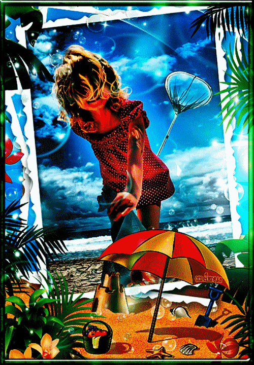 Лето,море,солнце,пляж...~Анимационные блестящие открытки GIF