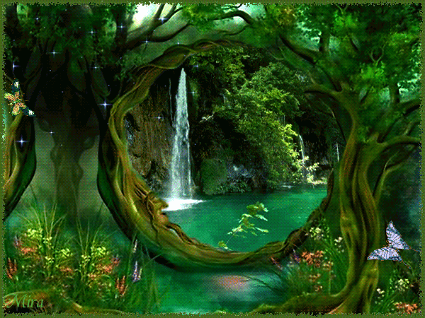 водопад в лесу~Анимационные блестящие открытки GIF