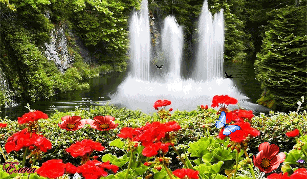 Водопад в парке~Анимационные блестящие открытки GIF