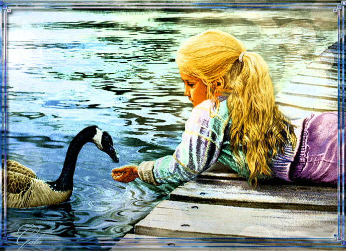 Девушка у пруда...~Анимационные блестящие открытки GIF