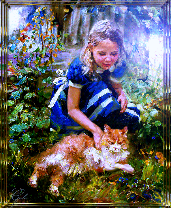 Девочка  с рыжим котом~Анимационные блестящие открытки GIF