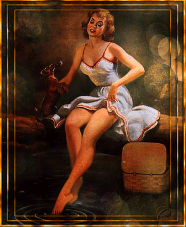 Девушка у ручья~Анимационные блестящие открытки GIF