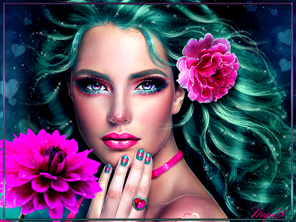 Девушка с розовым цветком в волосах~Анимационные блестящие открытки GIF