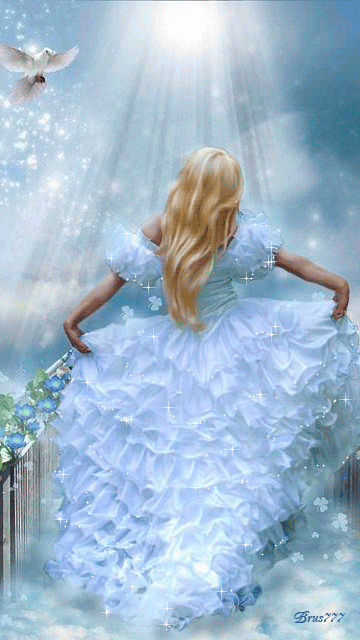 Девушка в белом платье бежит к небу~Анимационные блестящие открытки GIF