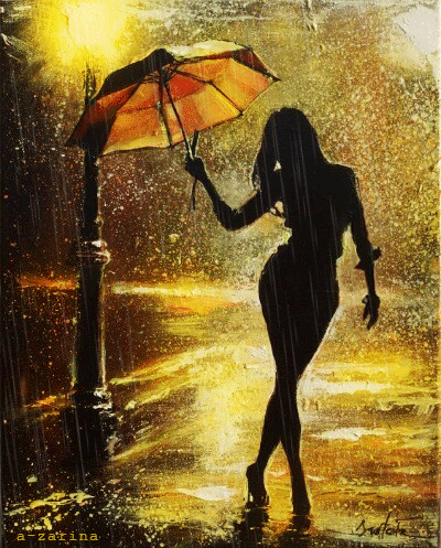Девушка с зонтом под дождём~Анимационные блестящие открытки GIF