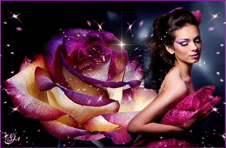 Девушка и роза~Анимационные блестящие открытки GIF