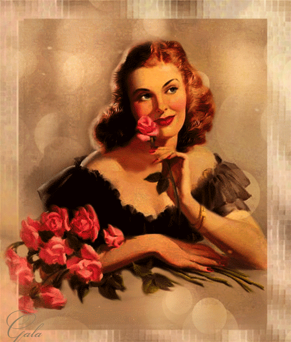 Девушка с розой~Анимационные блестящие открытки GIF