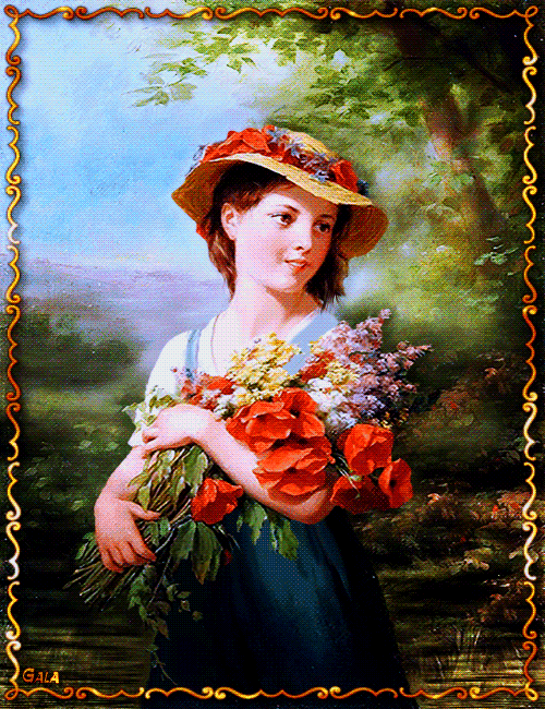 Портрет девушки с букетом цветов~Анимационные блестящие открытки GIF
