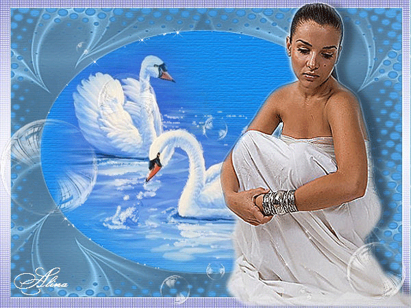 Девушка и лебеди~Анимационные блестящие открытки GIF
