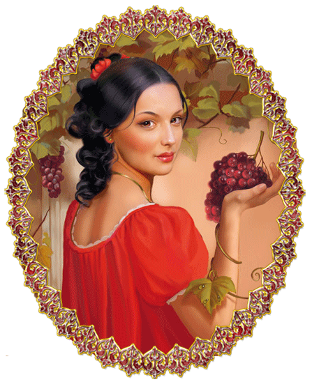 Девушка с виноградом~Анимационные блестящие открытки GIF