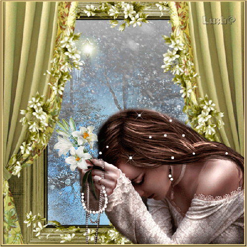 Девушка у зимнего окна~Анимационные блестящие открытки GIF