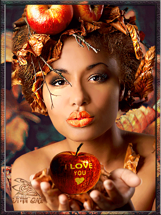 Девушка с яблоком~Анимационные блестящие открытки GIF