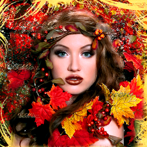 Девушка в осенних листьях~Анимационные блестящие открытки GIF