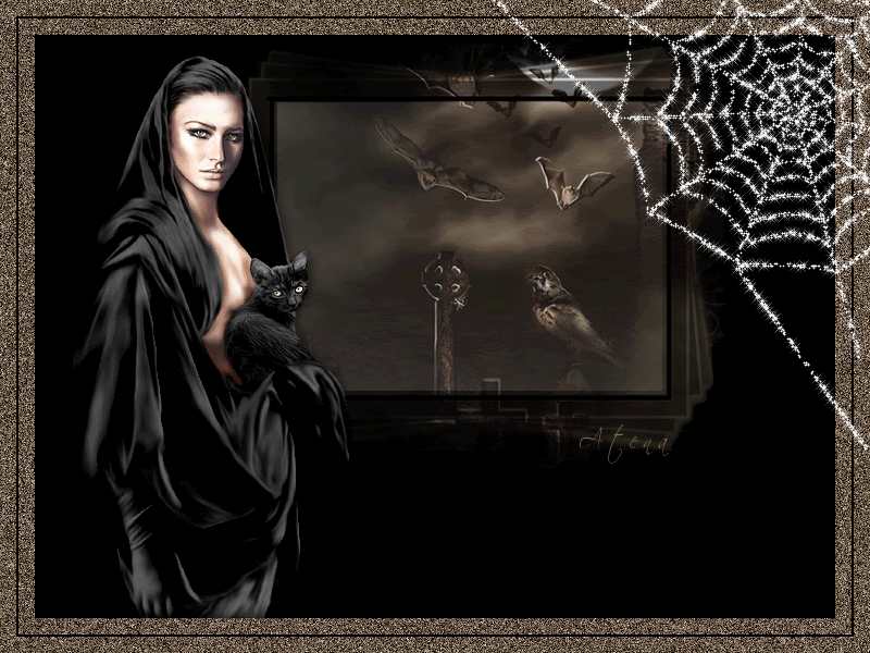 Мистическая женщина с черной кошкой~Анимационные блестящие открытки GIF