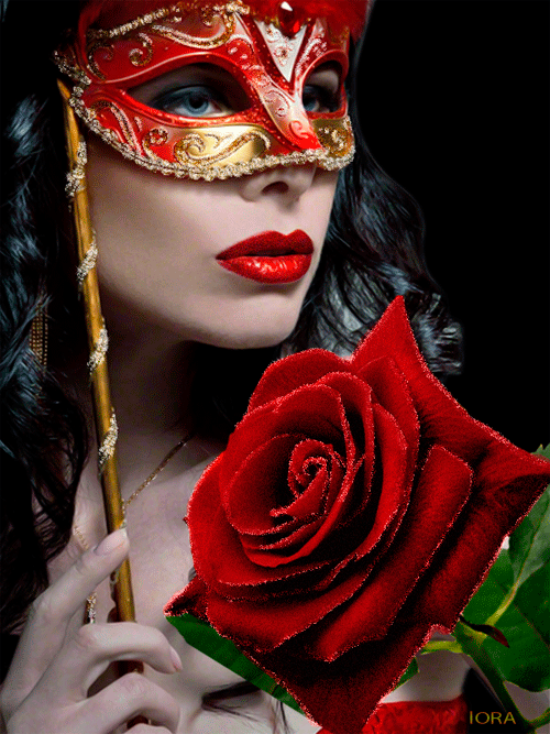 Девушка в маске с красной розой~Анимационные блестящие открытки GIF