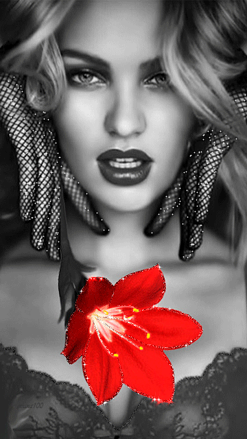 Девушка с красным цветком~Анимационные блестящие открытки GIF