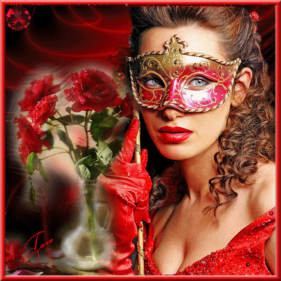 Девушка с розами в красной в маске~Анимационные блестящие открытки GIF