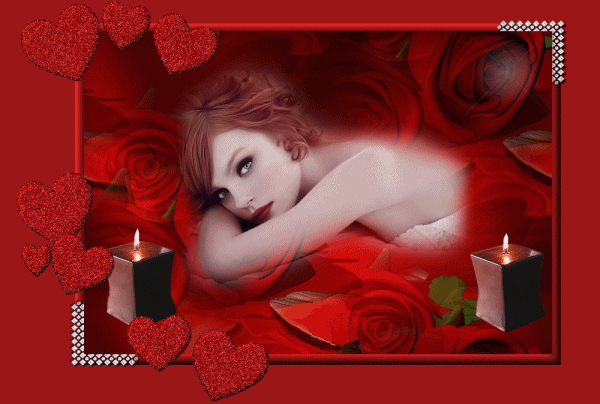 Девушка, розы, сердечки~Анимационные блестящие открытки GIF
