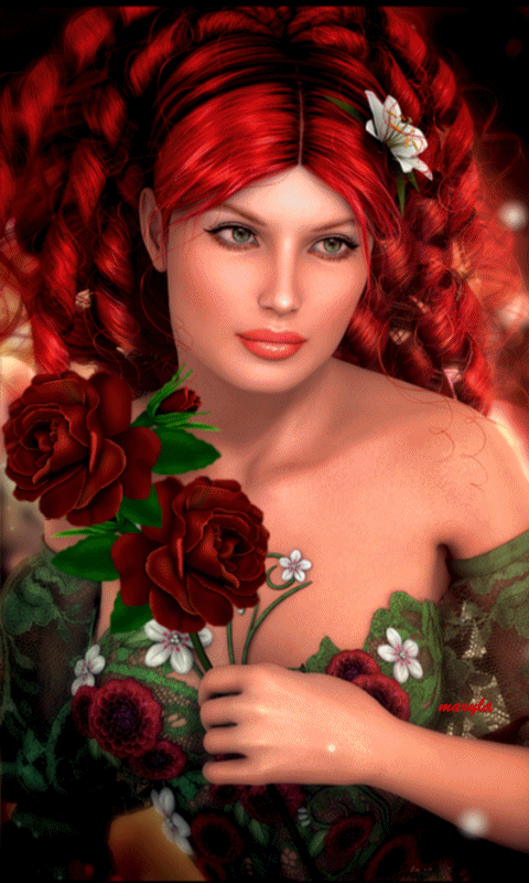 Девушка с розами~Анимационные блестящие открытки GIF