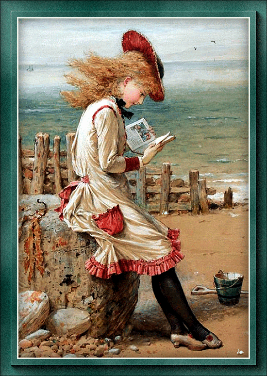 Девочка с книгой у моря~Анимационные блестящие открытки GIF