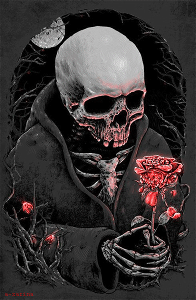 Скелет с розой~Анимационные блестящие открытки GIF