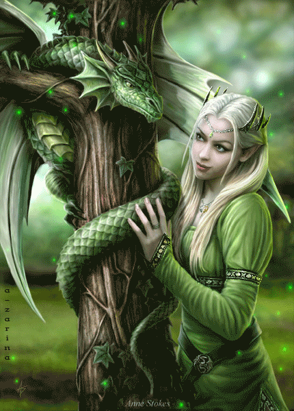 Девушка и дракон~Анимационные блестящие открытки GIF