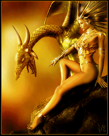 Девушка и блестящий дракон~Анимационные блестящие открытки GIF