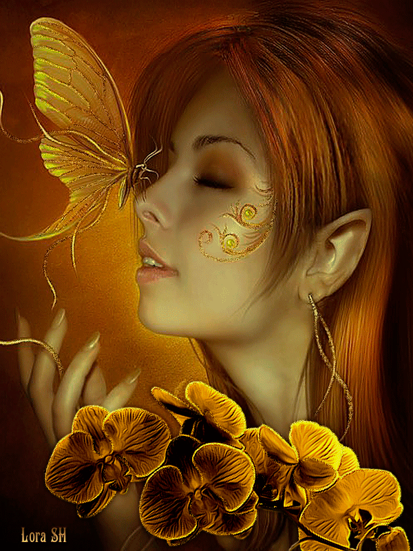 Девушка с бабочкой на носу~Анимационные блестящие открытки GIF