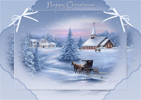 Зима в деревне, карета едет по зимней дороге~Анимационные блестящие открытки GIF