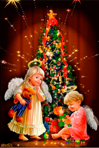 Ангелочки с подарками на Рождество~Анимационные блестящие открытки GIF