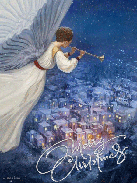Рождественский ангел~Анимационные блестящие открытки GIF