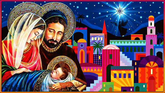 Дева Мария и Иосиф держат новорожденного Иисуса~Анимационные блестящие открытки GIF