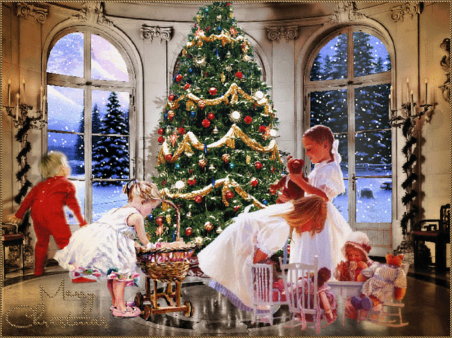 Рождественская ёлка и дети~Анимационные блестящие открытки GIF