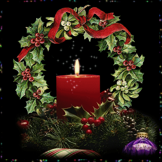 Рождественский венок и свеча~Анимационные блестящие открытки GIF