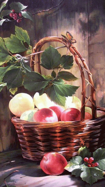Корзина с яблоками~Анимационные блестящие открытки GIF