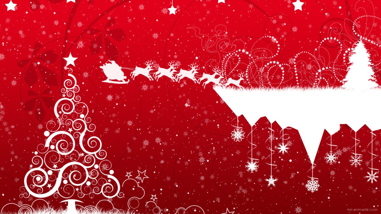 Красно-белая картинка с узорами и ёлкой на рождество~Анимационные блестящие открытки GIF