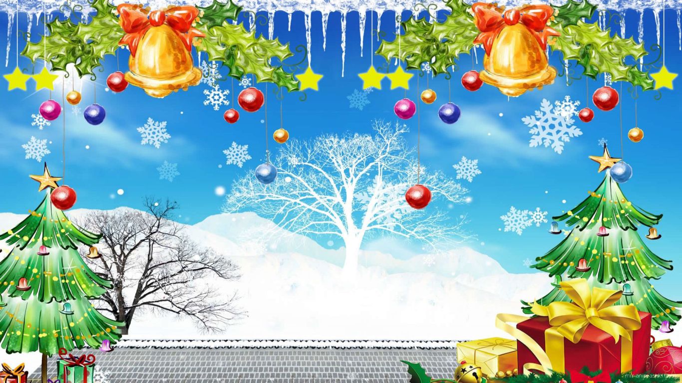 Разноцветная картинка с колокольчика и ёлками на рождество~Анимационные блестящие открытки GIF