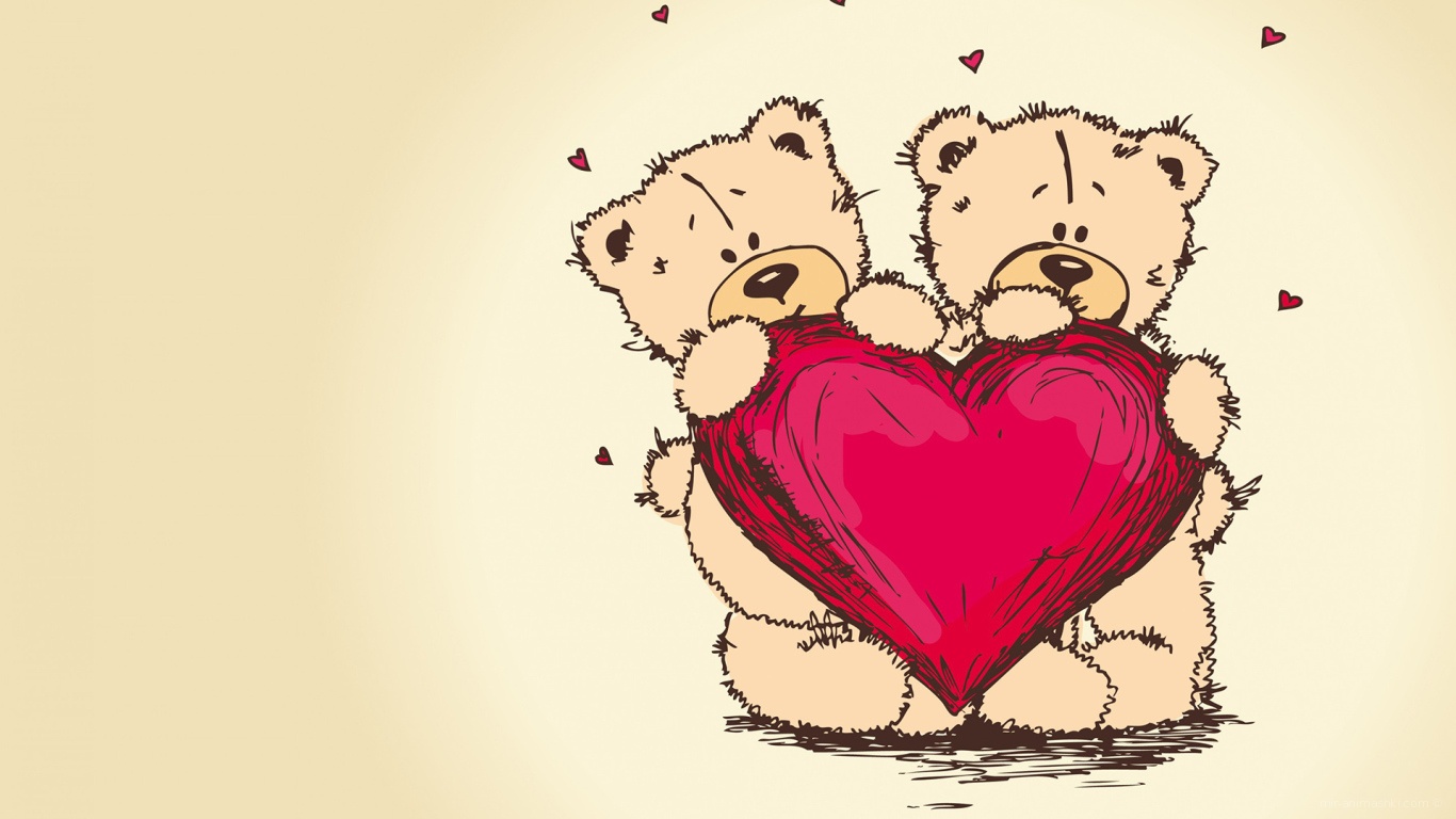 Два мишки с сердцем на День Влюбленных 14 февраля~Анимационные блестящие открытки GIF