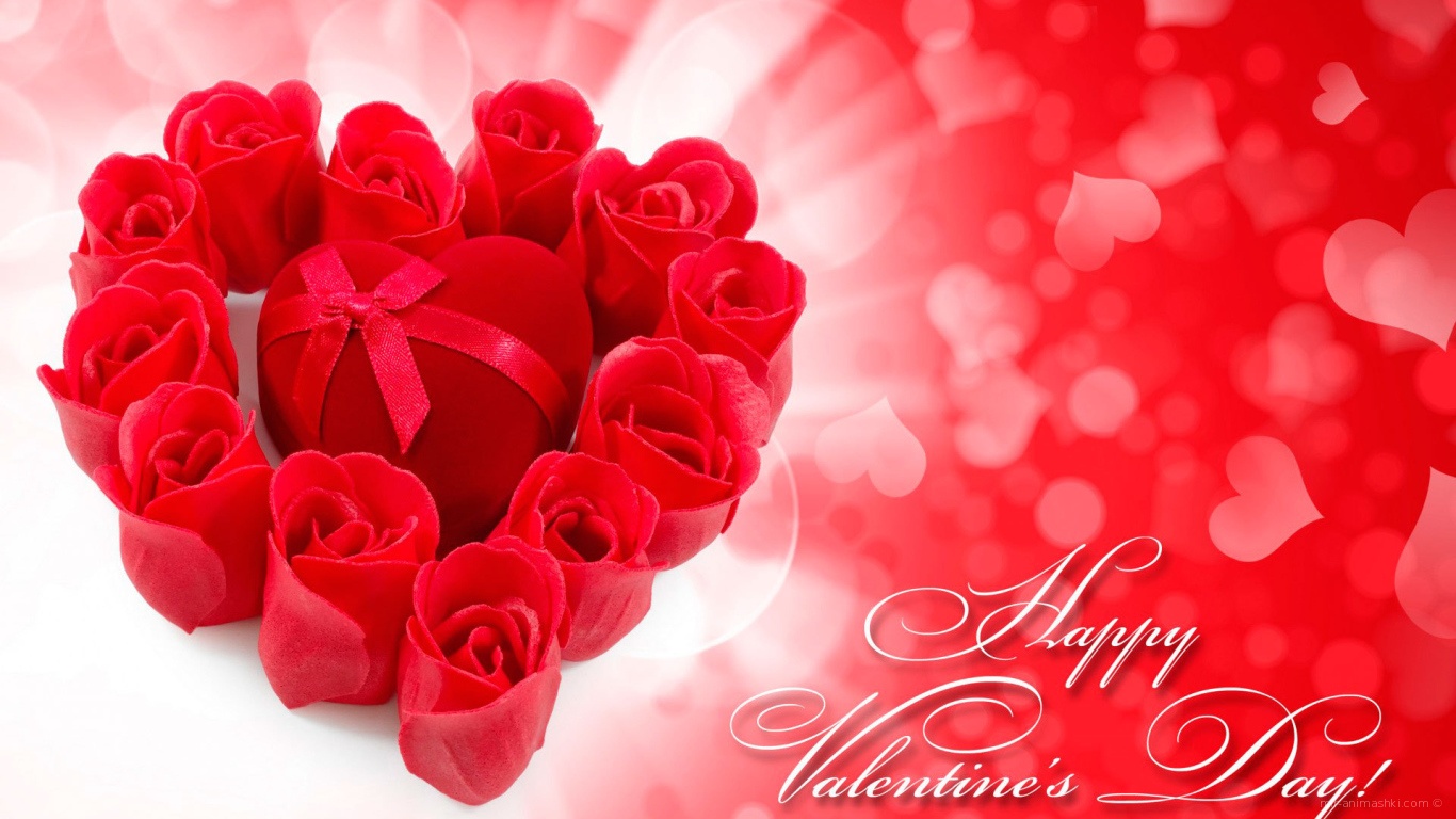 Коробочка с подарком среди роз на День Святого Валентина 14 февраля~Анимационные блестящие открытки GIF
